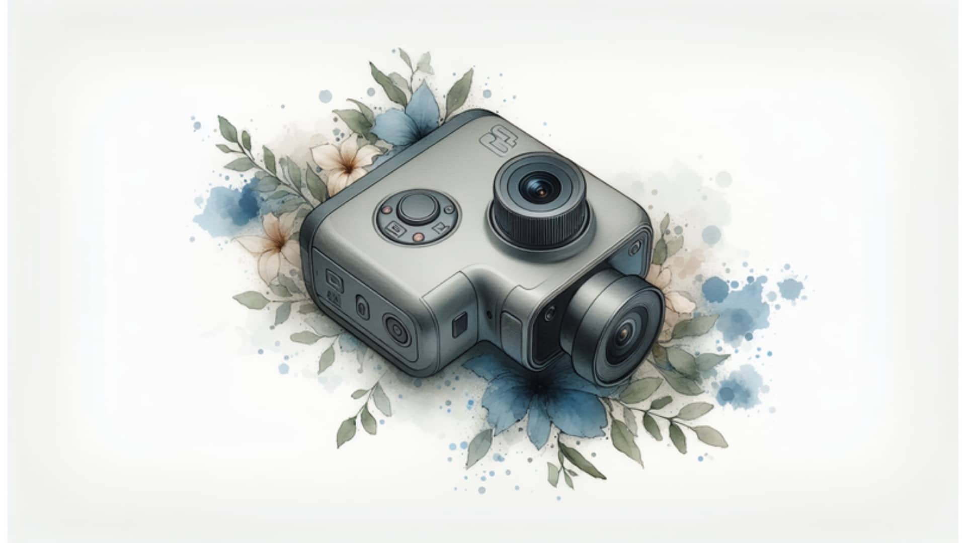 Aquarellbild der DJI Osmo Pocket 2 Kamera auf weißem Hintergrund, zeigt innovative Funktionen und modulares Design für Content Creators.