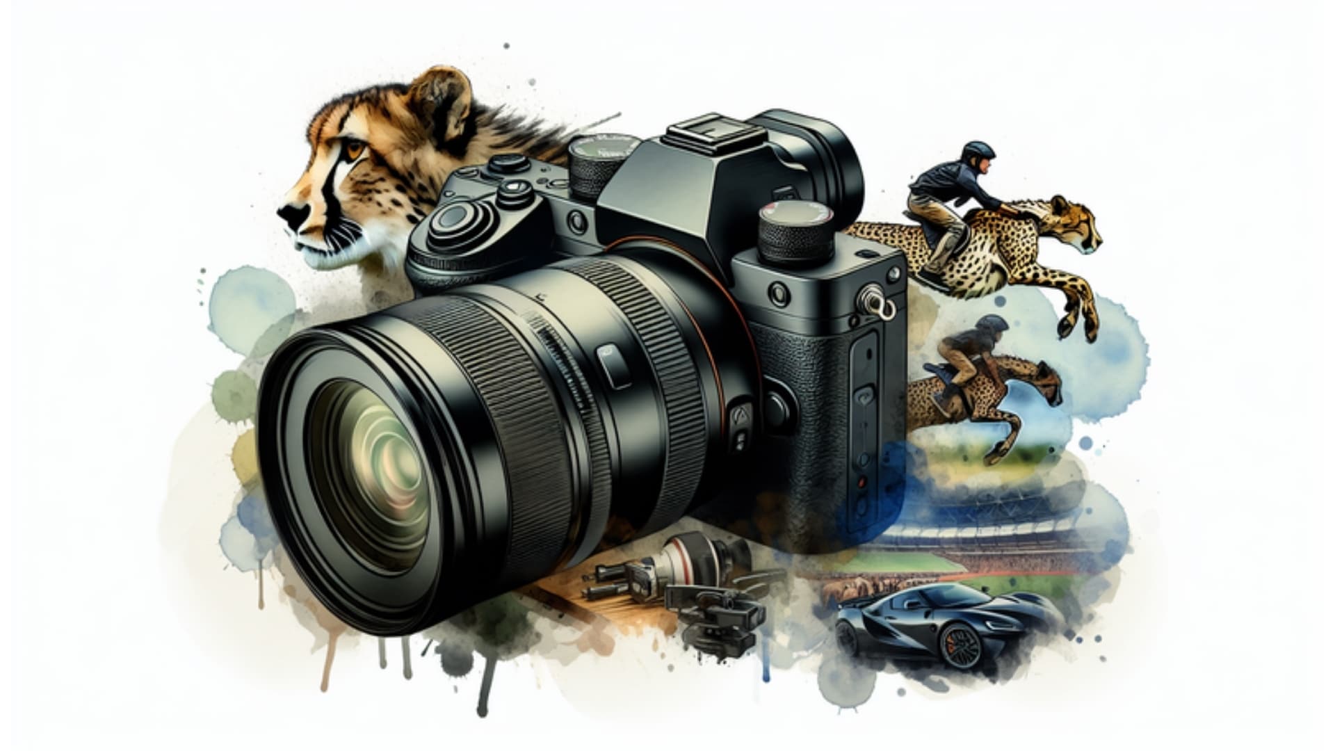 Nikon Z9 Kamera auf einem Tisch mit Illustrationen eines Geparden und einer Sportveranstaltung im Hintergrund, die innovative Autofokus- und Tracking-Fähigkeiten zeigt.